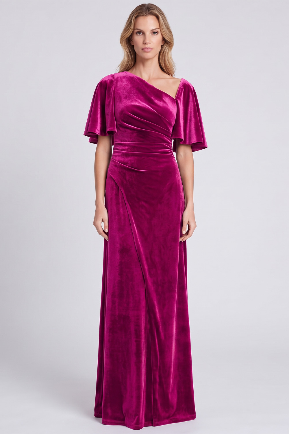 Dark Grey Sheath Asymmetrical Neck Velvet Ruched Long Holiday Party Dress
