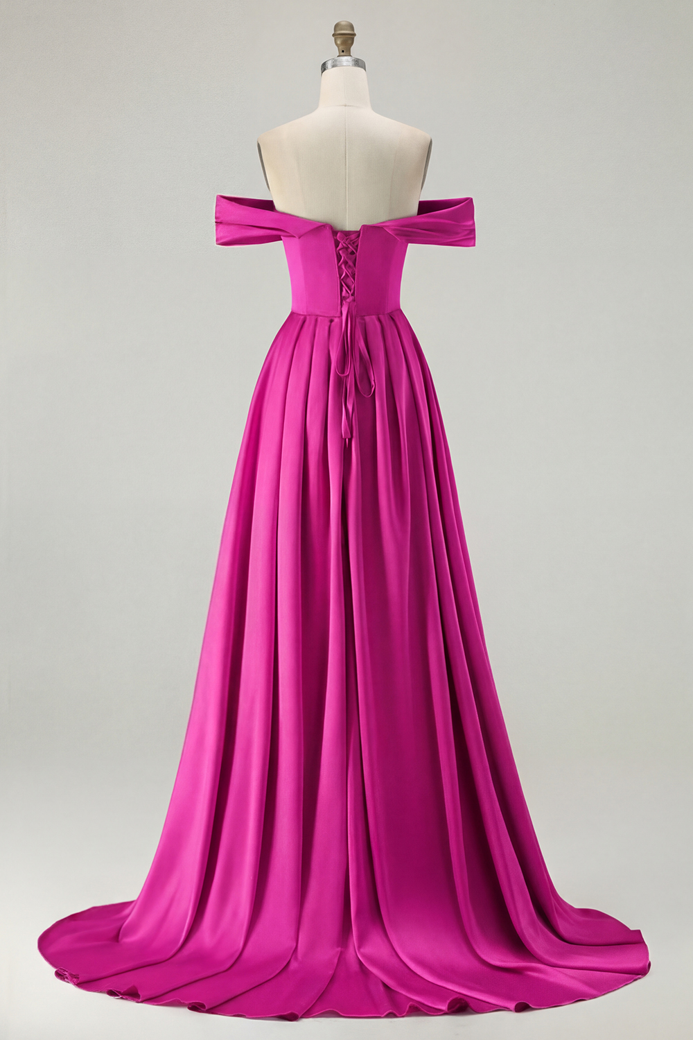 Blue A Line Off the Shoulder Long Satin Prom Dress with Slit