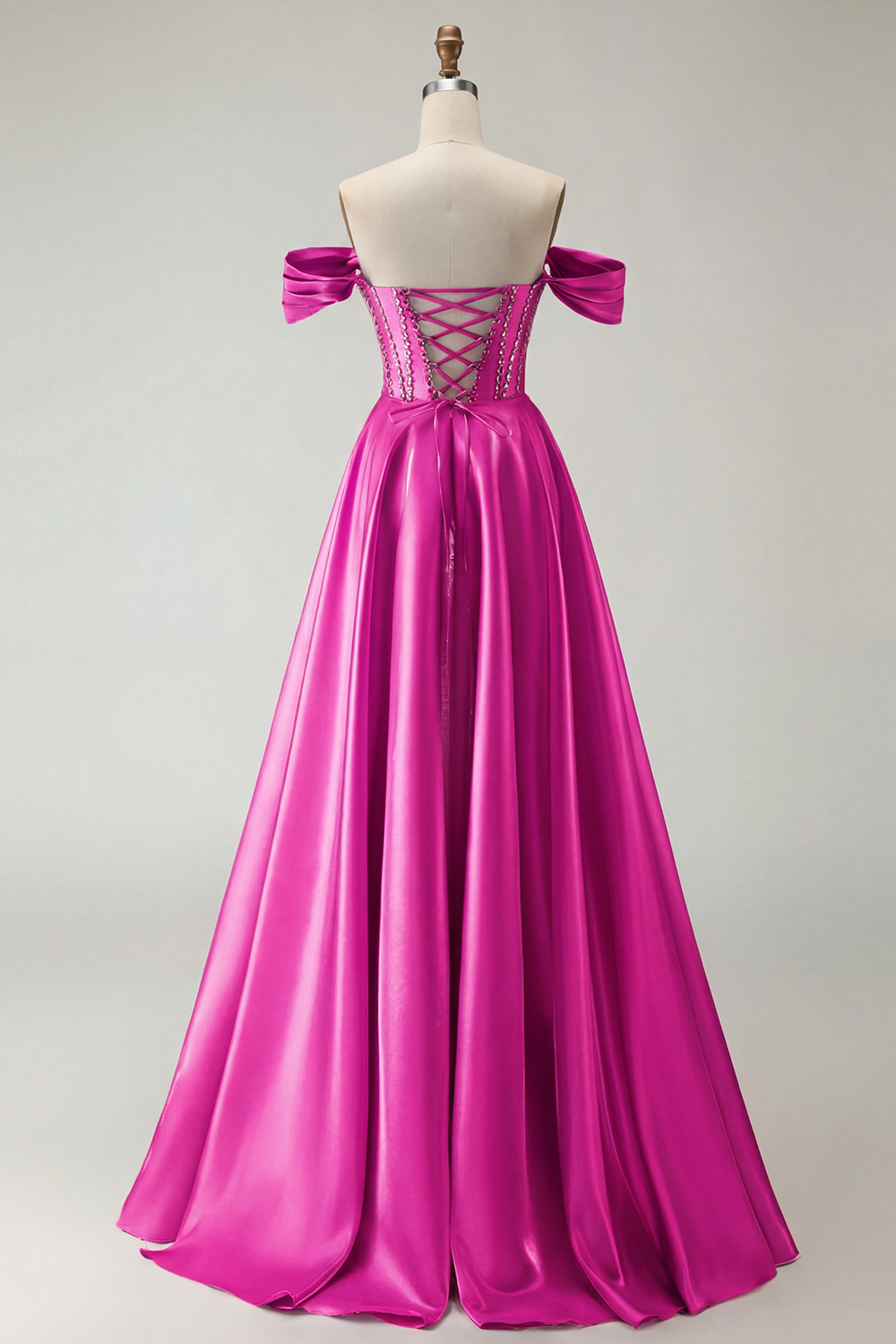 Sparkly Purple A-Line Satin Off the Shoulder Long Corset Prom Dress with Slit