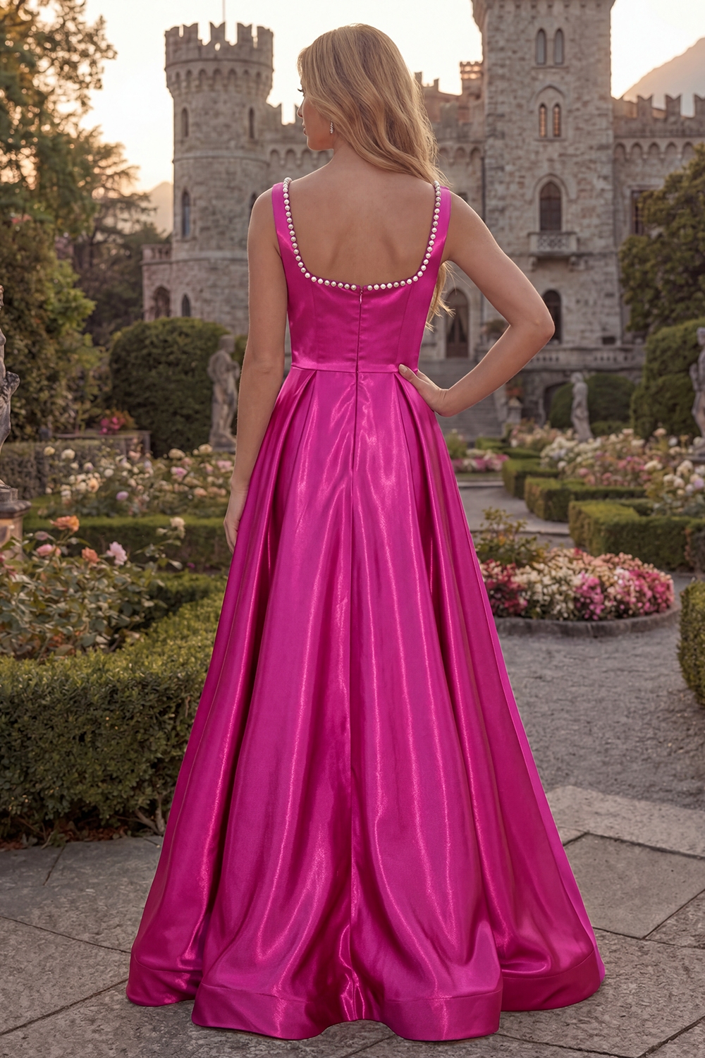 Simple Burgundy Square Neck A Line Long Prom Dress with Pearls