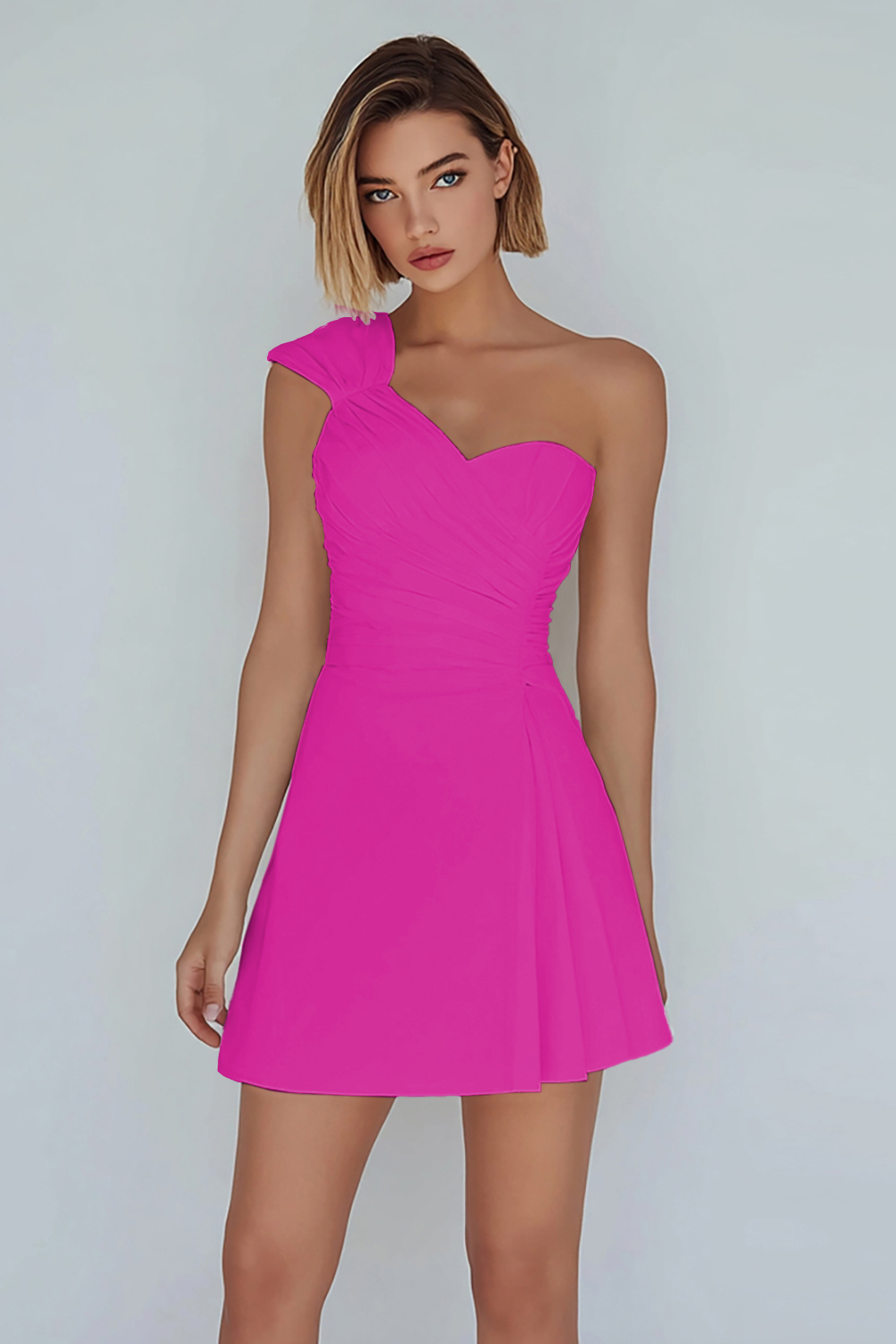 Ivory Ruched One Shoulder A-Line Satin Short Homecoming Dress