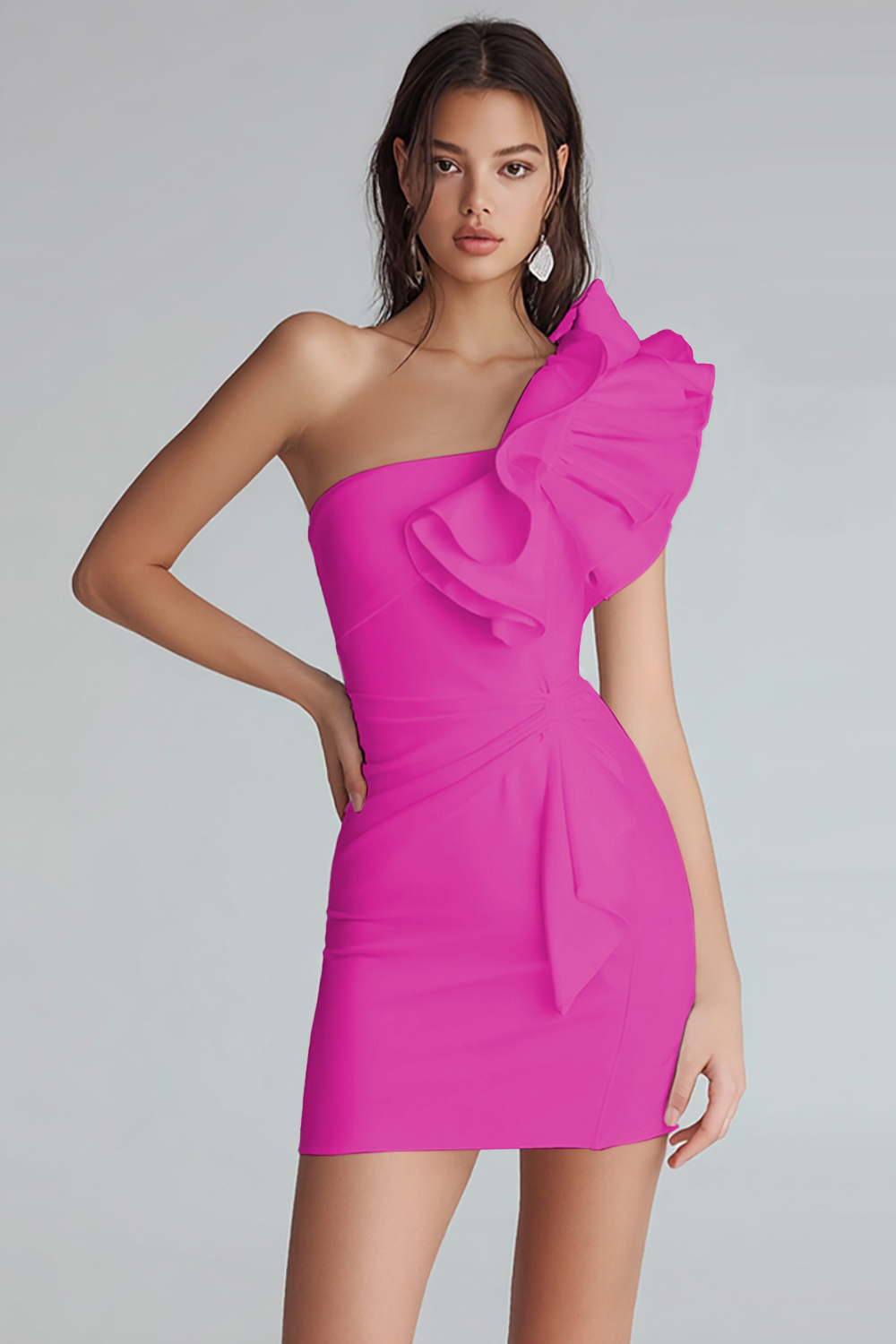 Ivory Satin Satin One Shoulder Short Tight Homecoming Dress with Ruffles