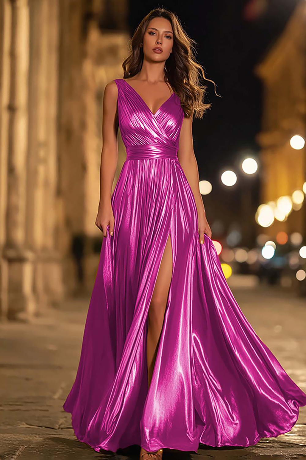 Metallic Gold Ruched V-Neck A-Line Long Formal Dress with Slit