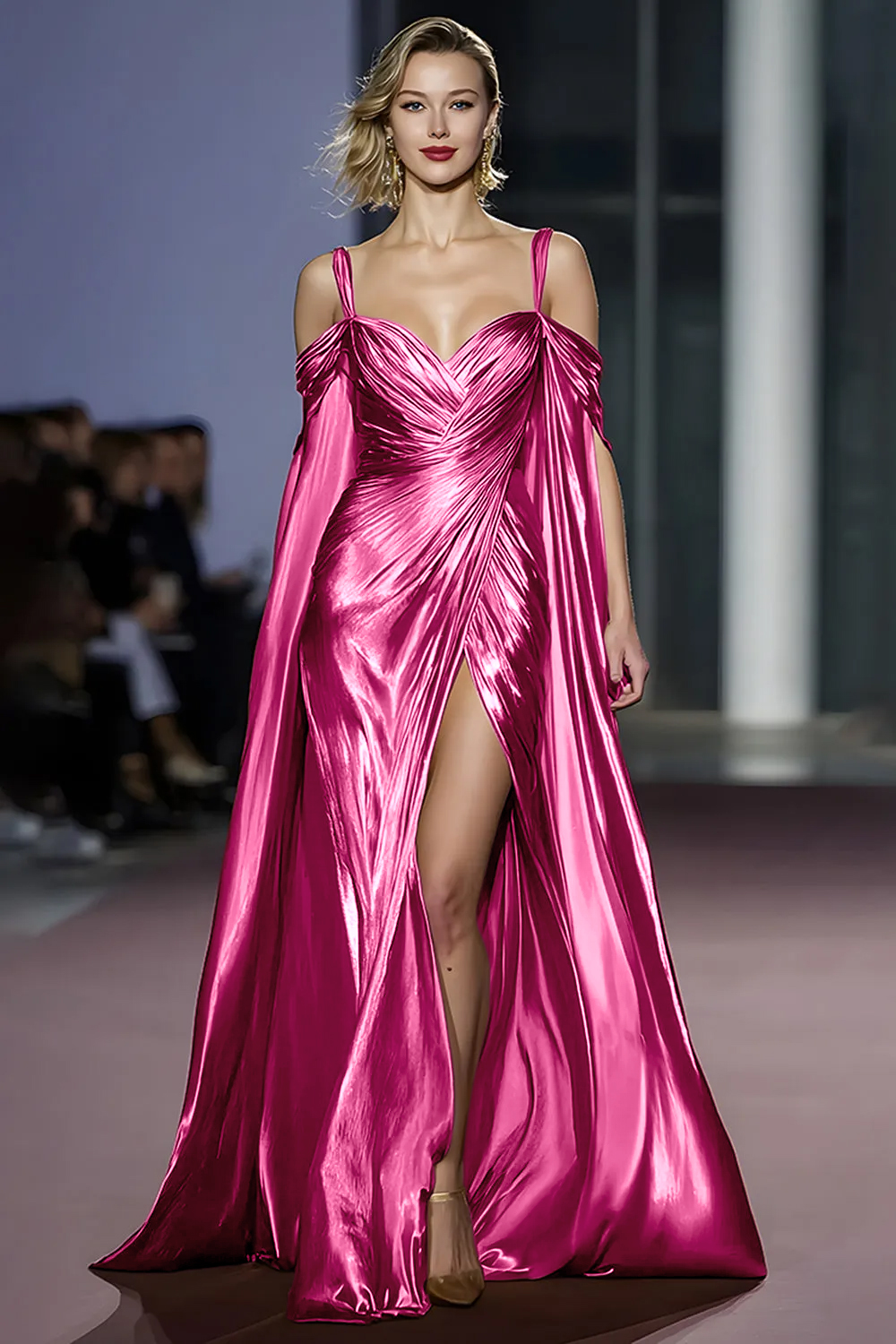 Metallic Golden Cold Shoulder Long Gala Dress with Slit