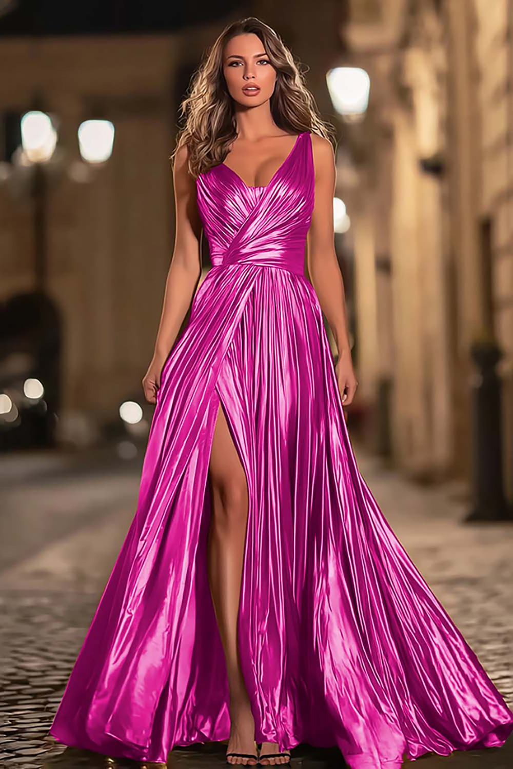 Sparkly Gold Metallic Pleated V-Neck A-Line Long Formal Dress with Slit
