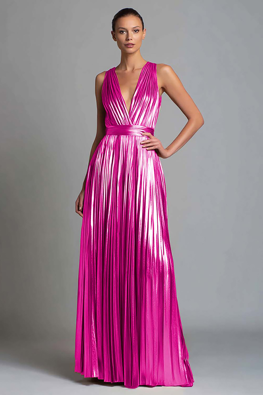 Sparkly Gold A-Line Metallic Pleated V-Neck Long Formal Dress