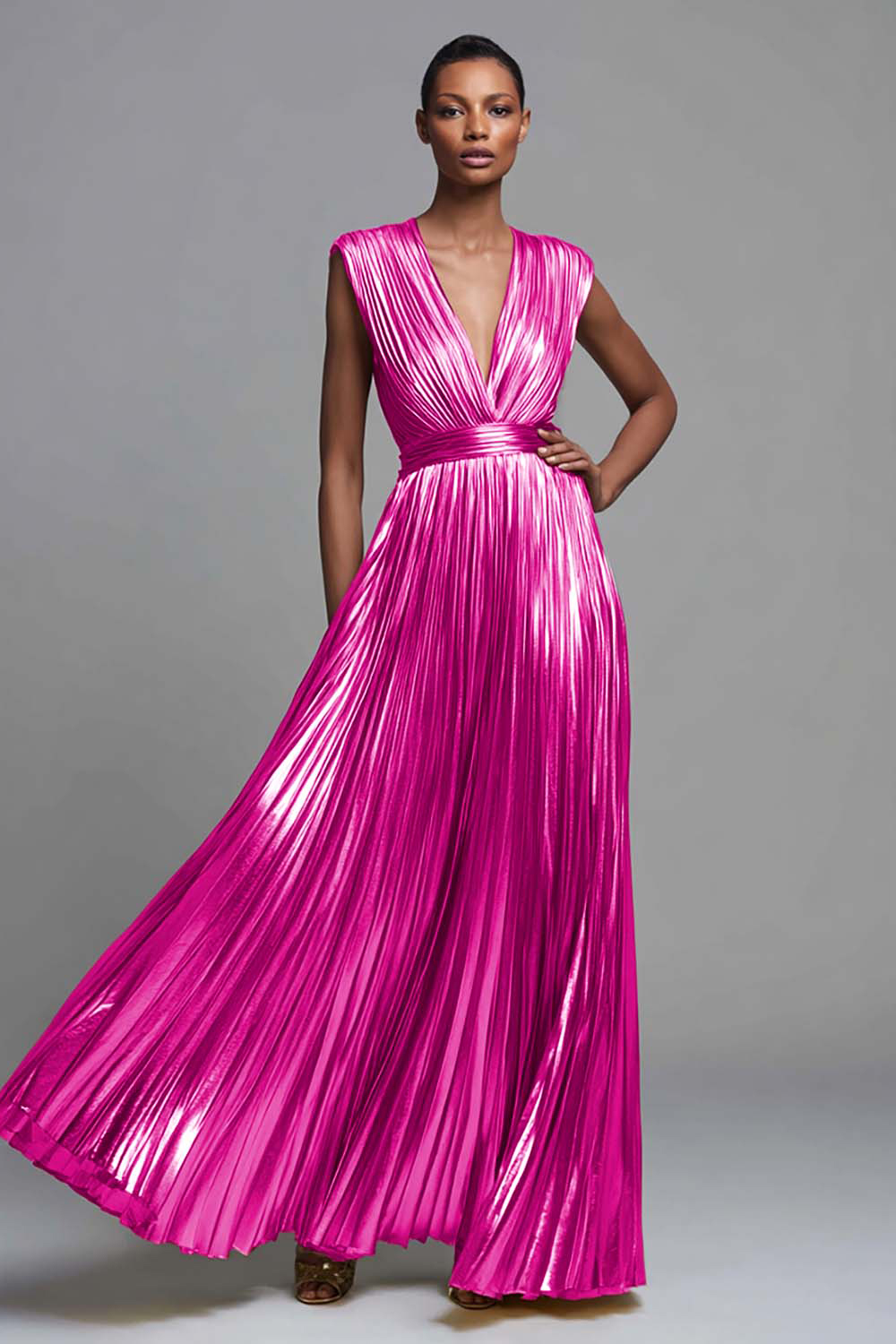 Sparkly Gold A-Line Deep V-Neck Metallic Pleated Long Formal Dress