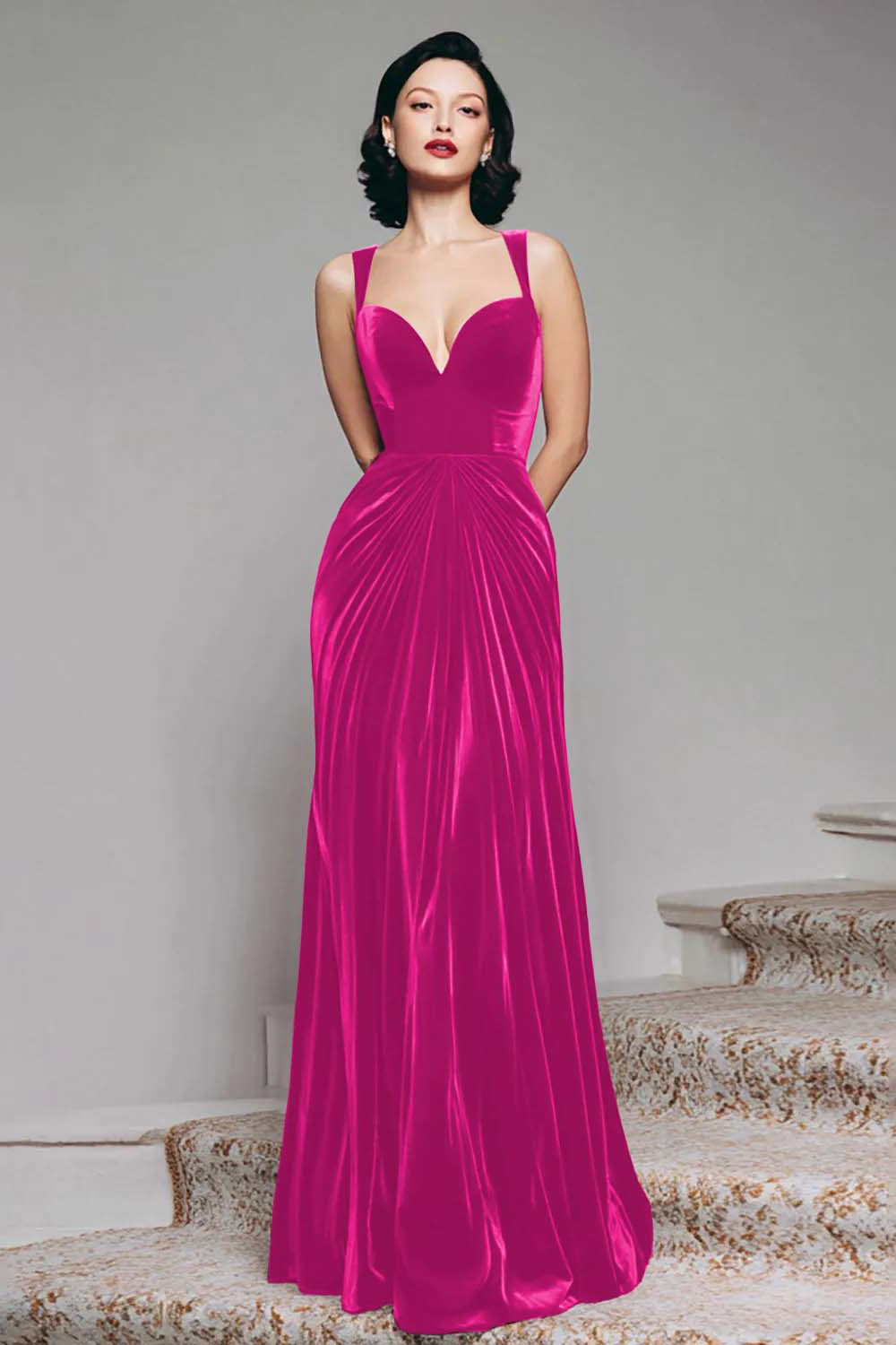 Elegant Burgundy Velvet Mermaid Thick Straps Long Holiday Party Dress