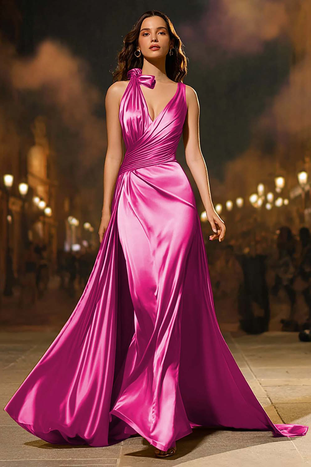 Gold Satin Mermaid V-Neck Ruched Long Formal Dress with Cape