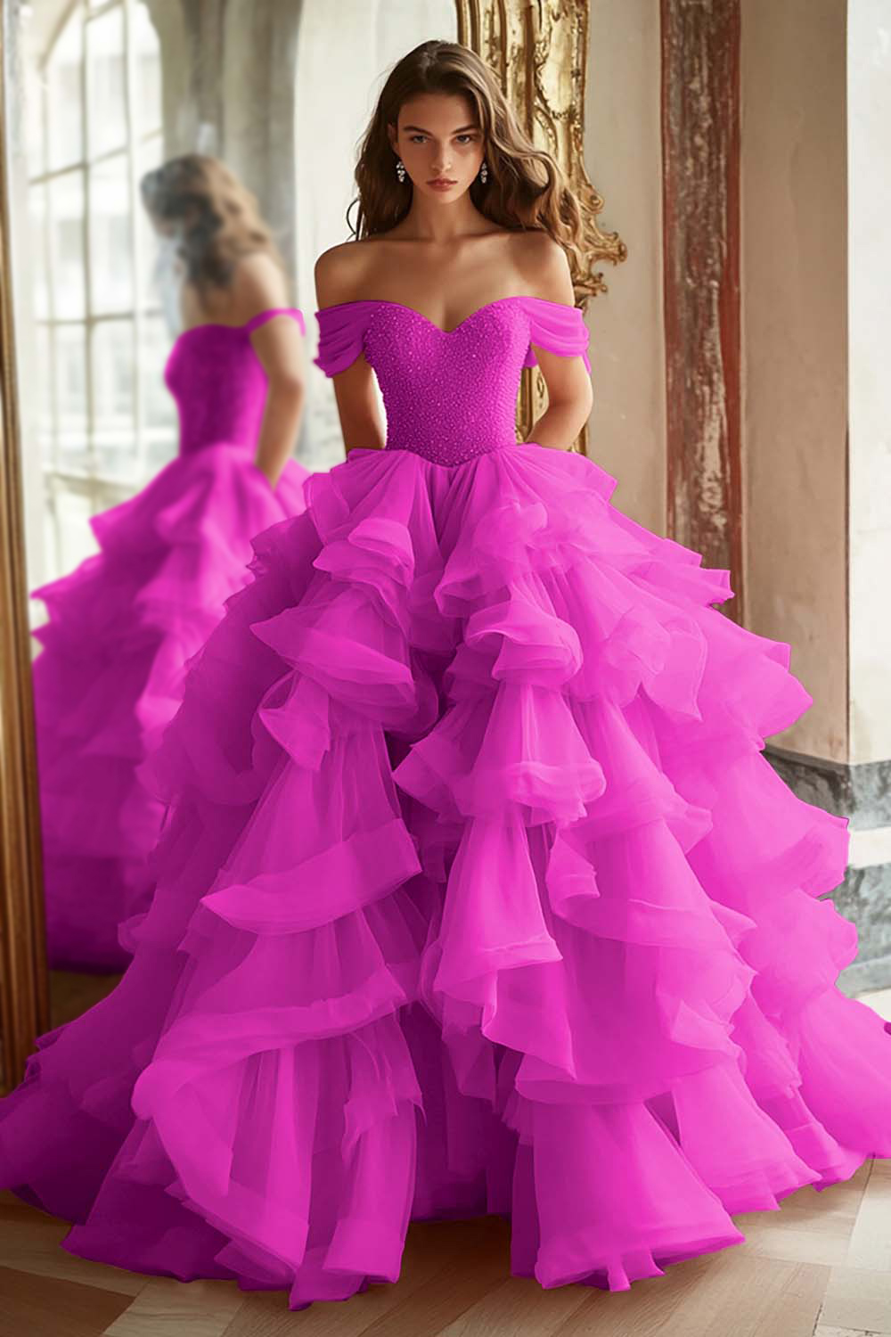 Pink Ball Gown Tulle Off the Shoulder Tiered Long Prom Dress