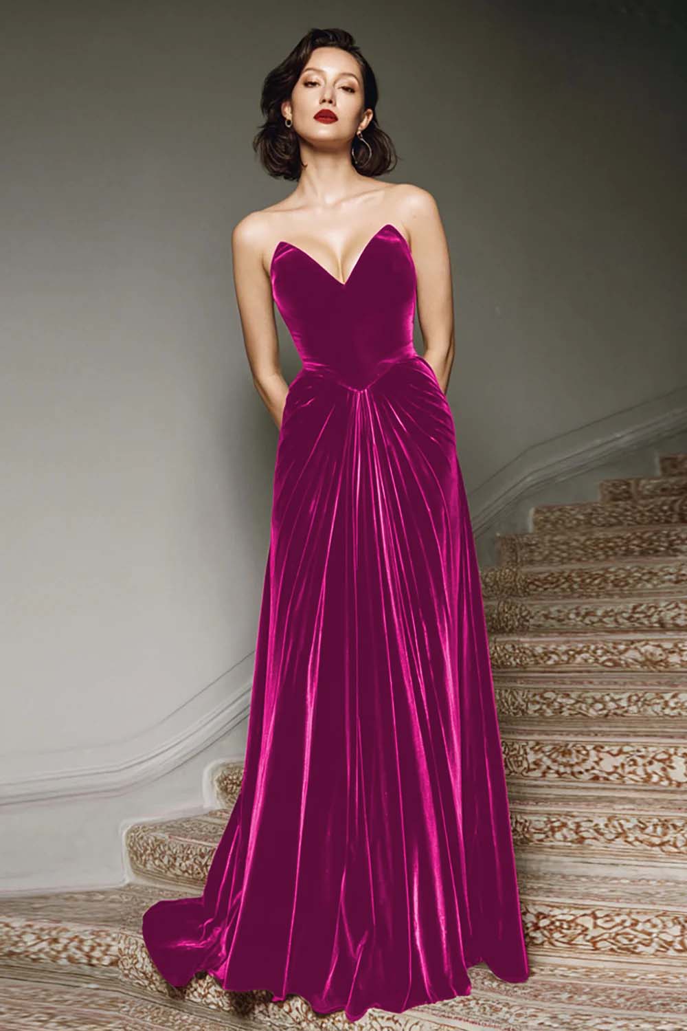 Burgundy A-Line Sweetheart Maxi Velvet Formal Dress