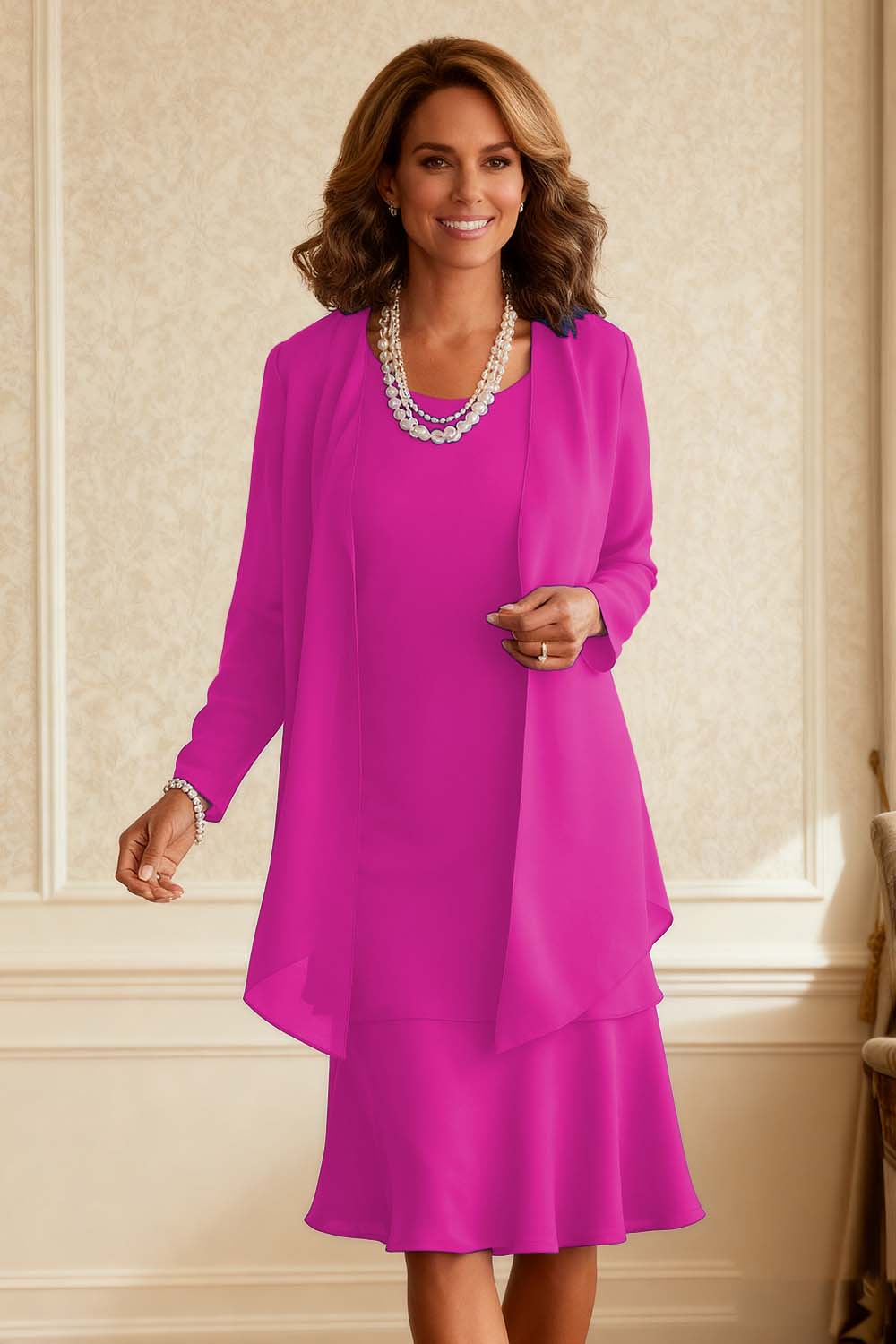 2-Piece Royal Blue Chiffon Scoop Neck Knee-Length Mother of the Bride Dress with Jacket