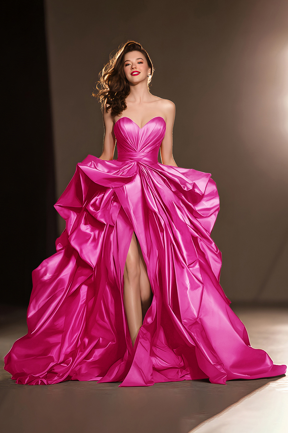 Dark Red Ball Gown Ruffled Sweetheart Long Pageant Dress with Slit