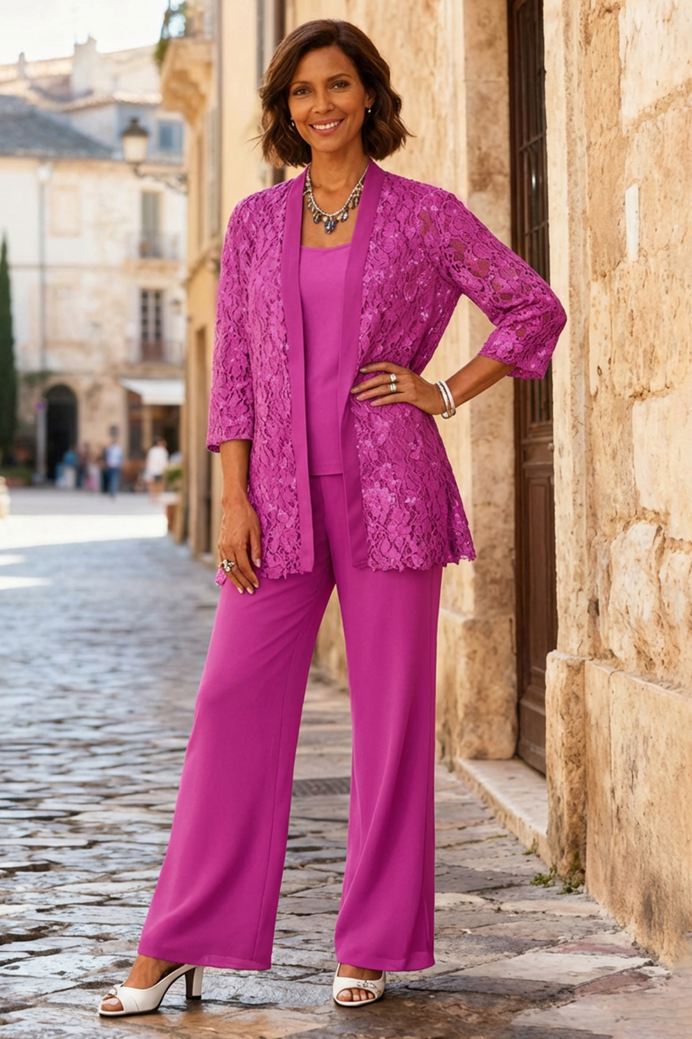 3-Piece Light Grey Round Neck Chiffon Mother of the Bride Pant Suits with Jacket