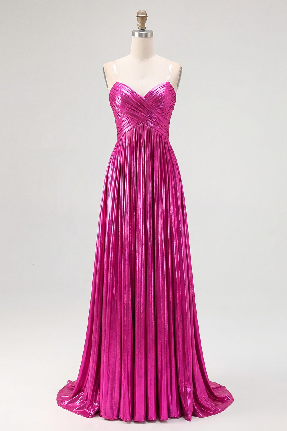 Metallic Gold Satin Deep V Neck Pleated A Line Long Formal Dress