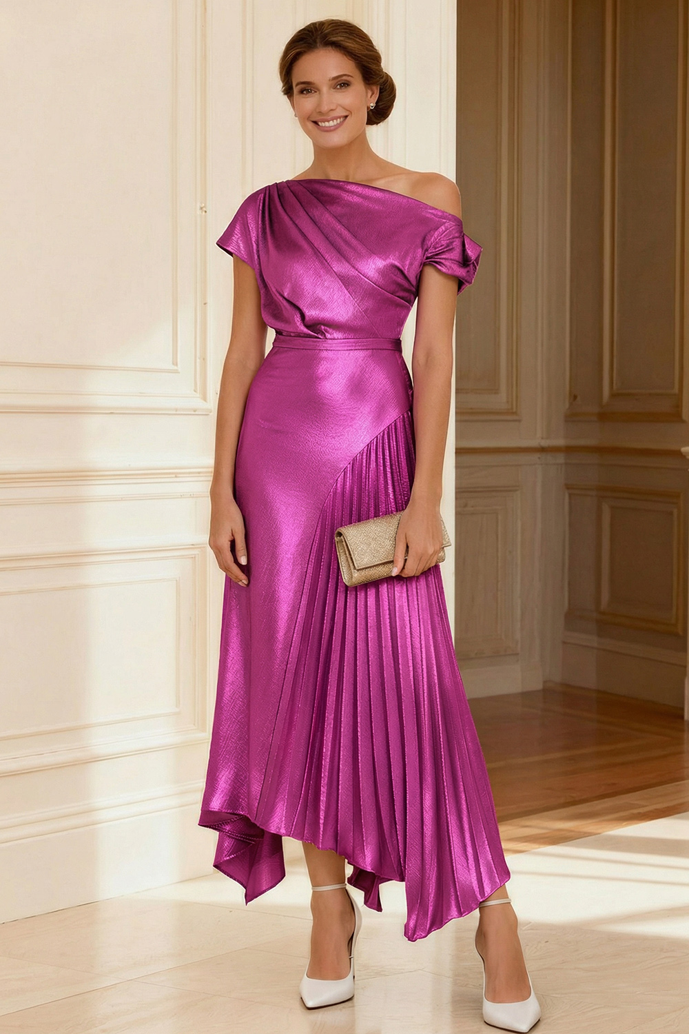 Silver A Line Asymmetrical Neck Pleated Ankle-Length Mother of the Bride Dress