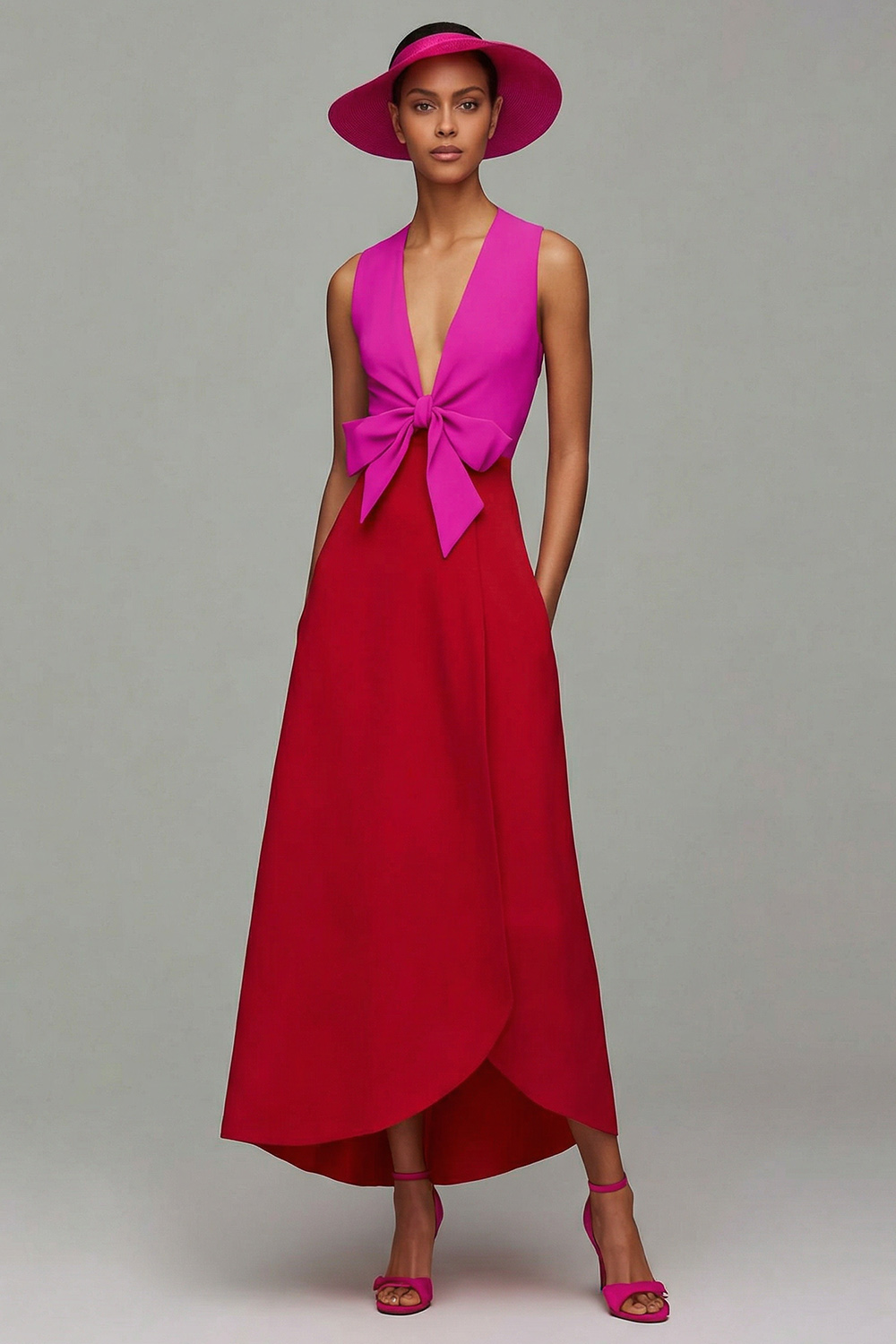 Orange and Fuchsia Deep V-Neck Long Pageant Dress with Bow