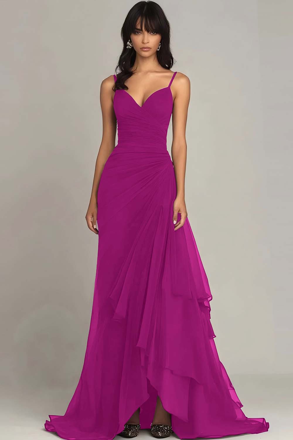 Dark Brown Spaghetti Straps Ruffled Long Chiffon Formal Dress