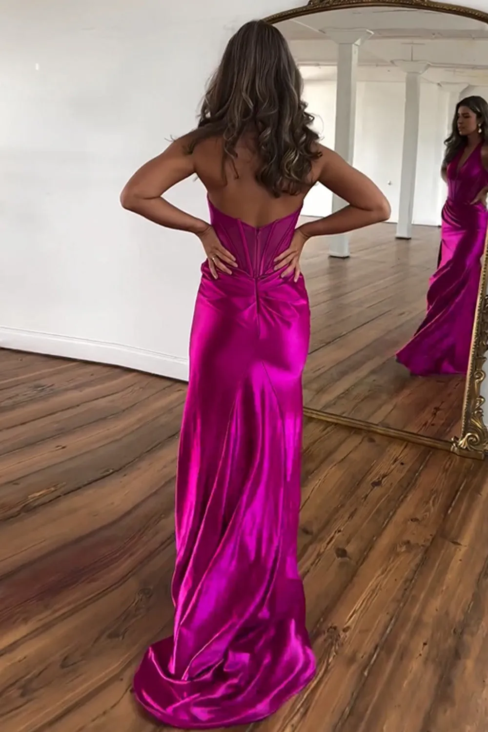 Fuchsia Halter Neck Meramid Satin Long Corset Prom Dress with Slit