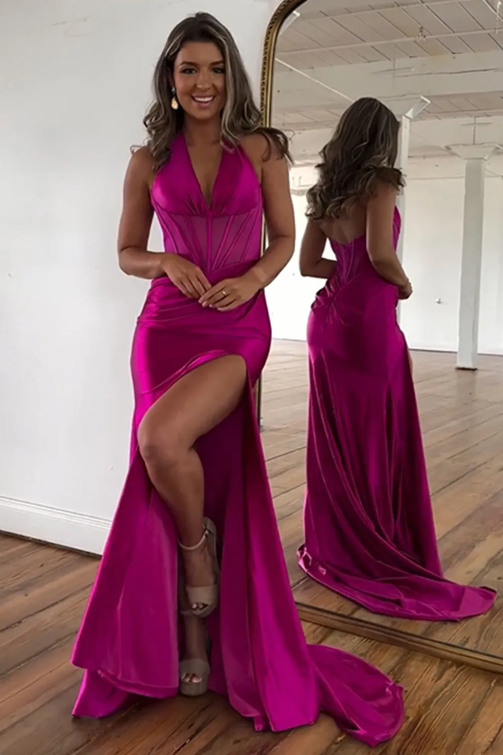 Fuchsia Halter Neck Meramid Satin Long Corset Prom Dress with Slit