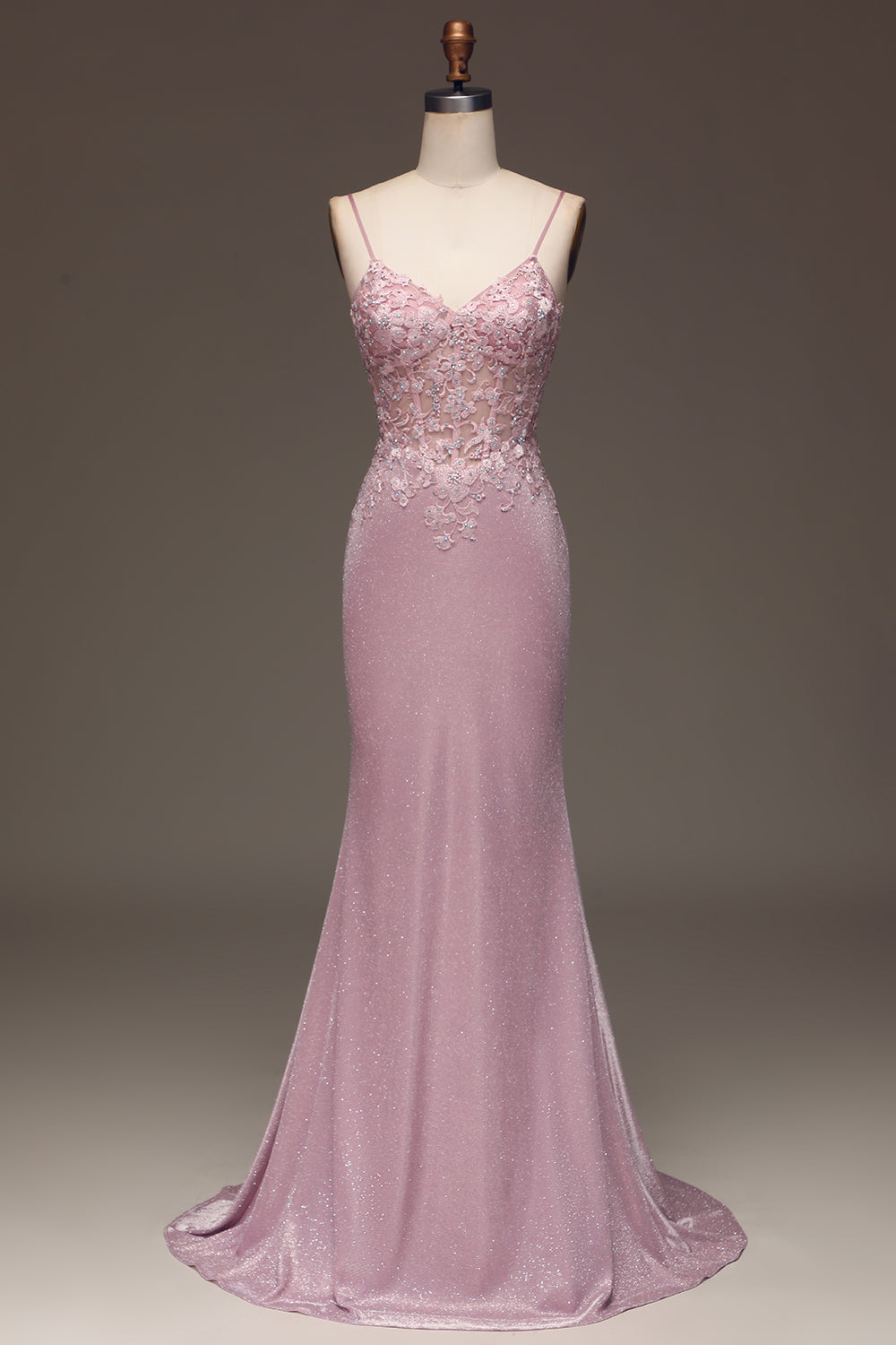 Glitter Blush Spaghetti Straps Mermaid Long Corset Prom Dress with Appliques