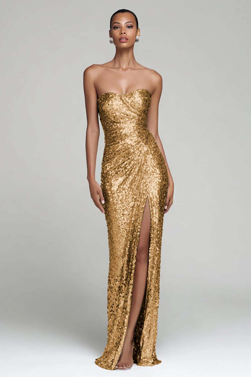 Sparkly Silver Strapless Ruched Long Sequin Holiday Party Dress with Slit