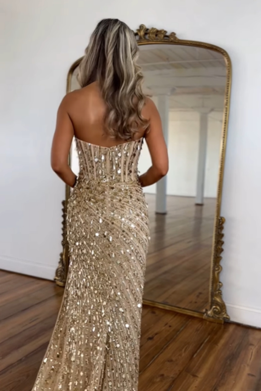 Sparkly Gold Mermaid Sequins Sweetheart Long Corset Prom Dress with Slit