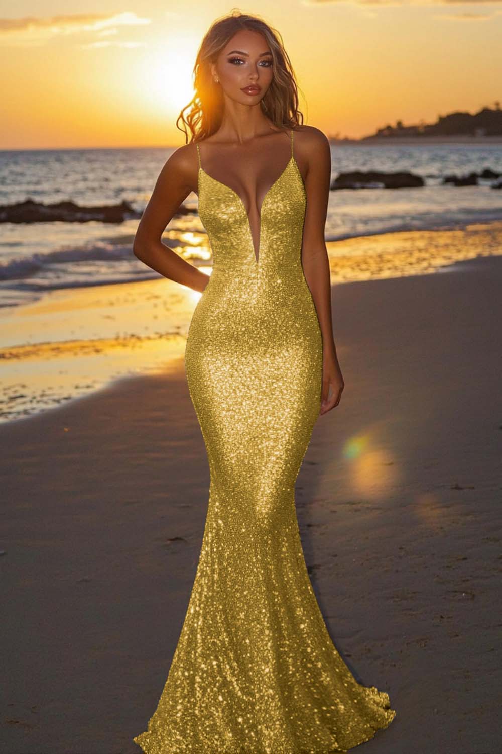 Strapless Mermaid Sparkly Gold Sequin Long Formal Dress