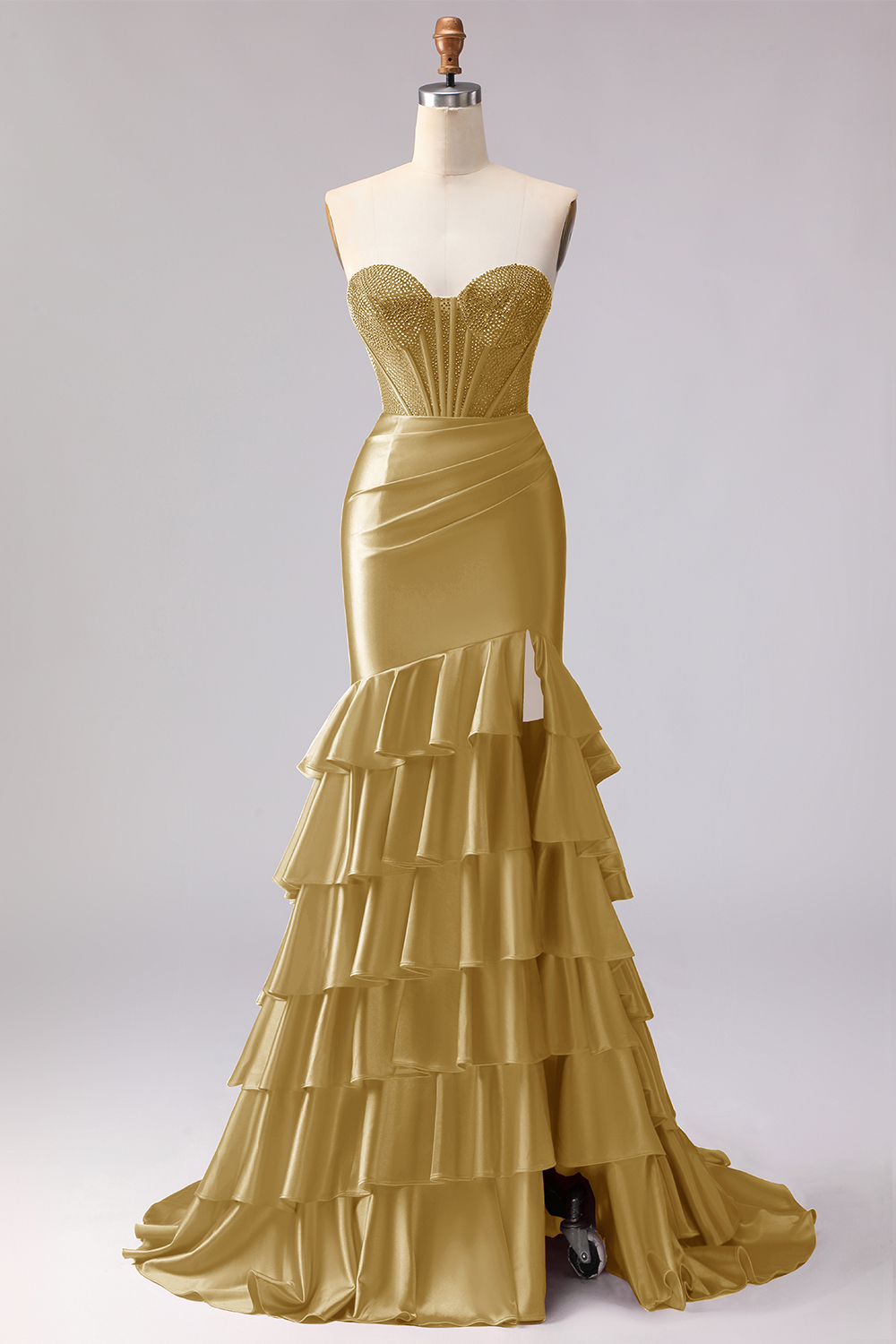 Sparkly Red Beaded Mermaid Sweetheart Ruffled Long Corset Prom Dress