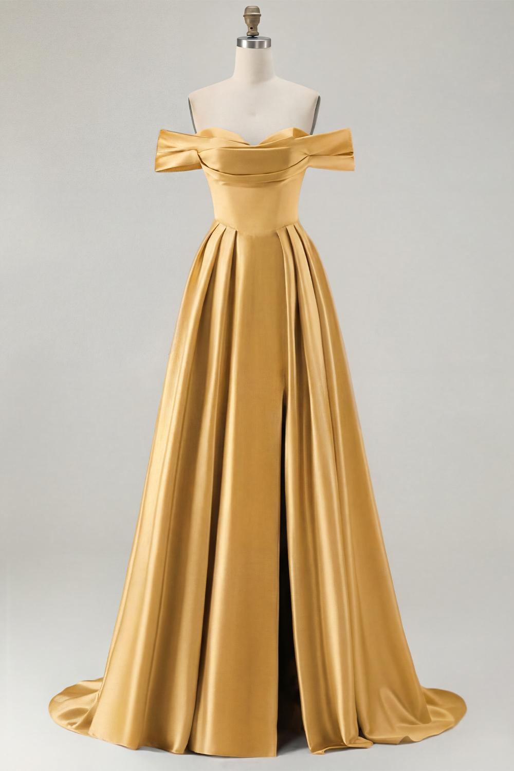 Blue A Line Off the Shoulder Long Satin Prom Dress with Slit