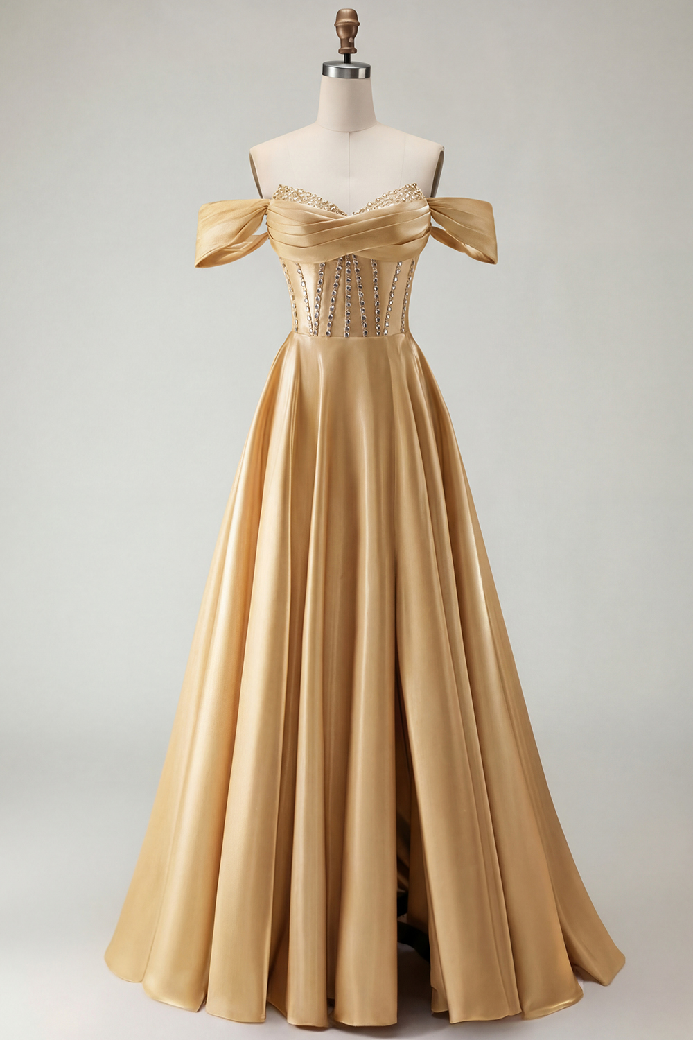 Sparkly Purple A-Line Satin Off the Shoulder Long Corset Prom Dress with Slit