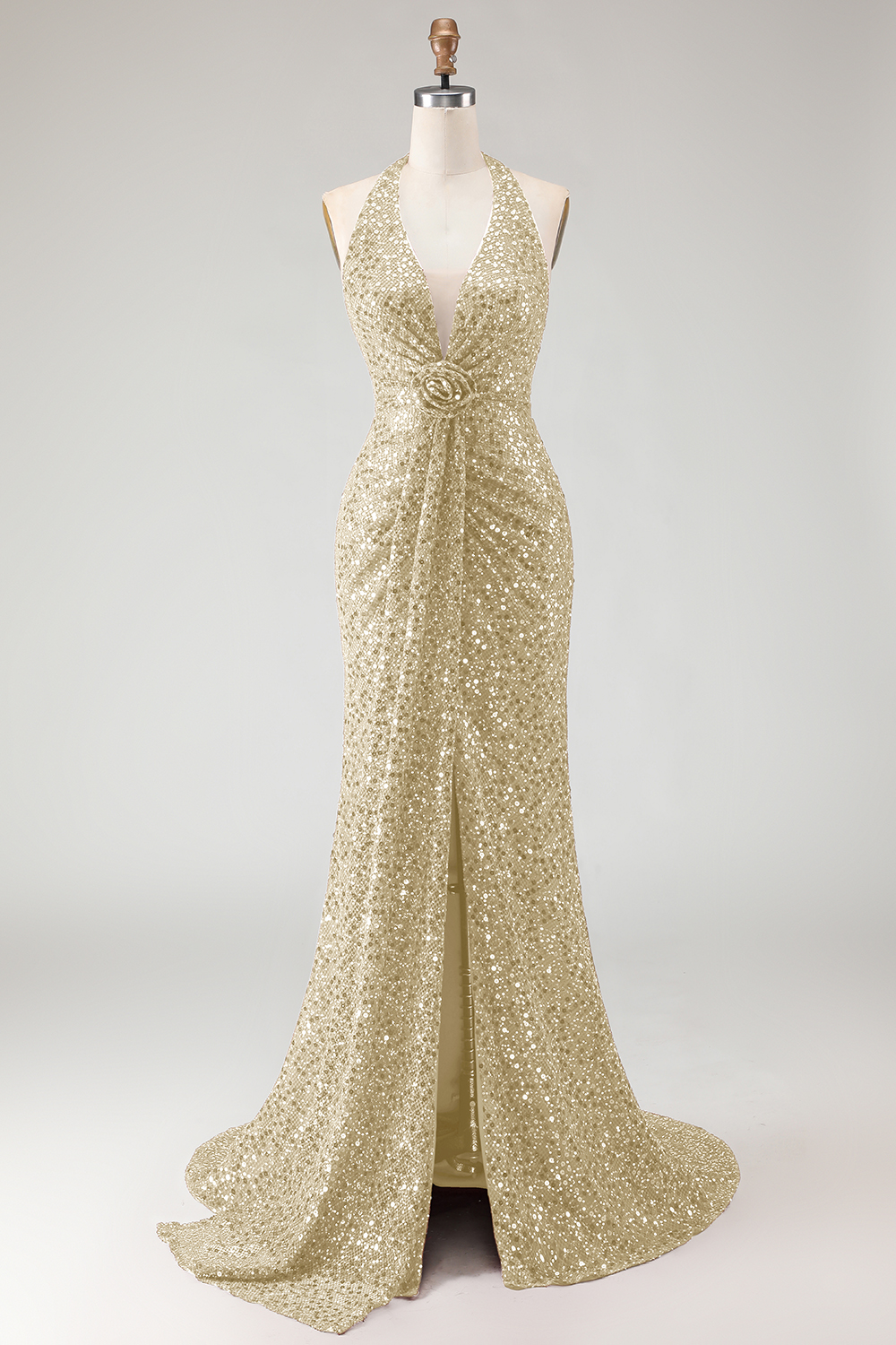 Sparkly Burgundy Sequin Halter Long Mermaid Prom Dress with Slit