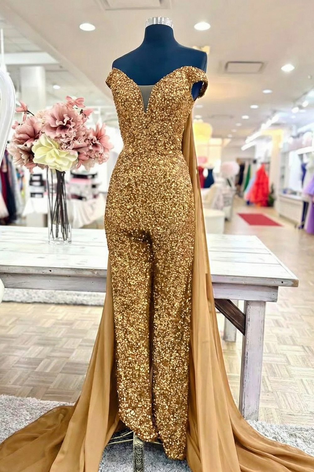 Sparkly Royal Blue Long Sequins Homecoming Jumpsuits with Cape