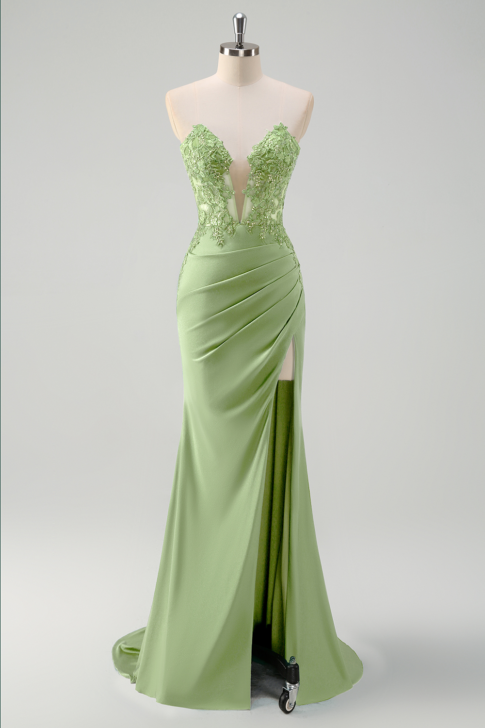 Green Sweetheart Mermaid Satin Long Corset Prom Dress with Appliques