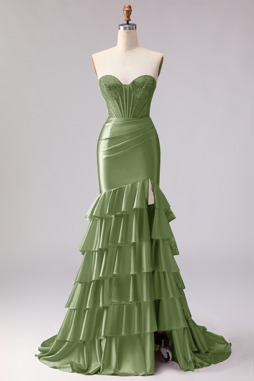 Sparkly Red Beaded Mermaid Sweetheart Ruffled Long Corset Prom Dress