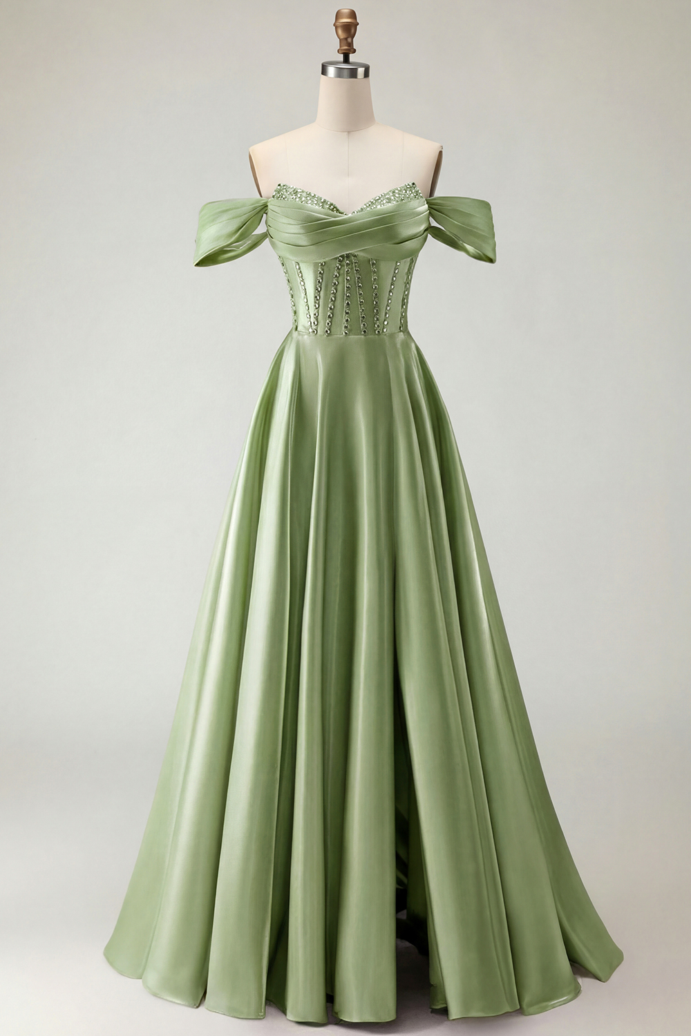 Sparkly Purple A-Line Satin Off the Shoulder Long Corset Prom Dress with Slit