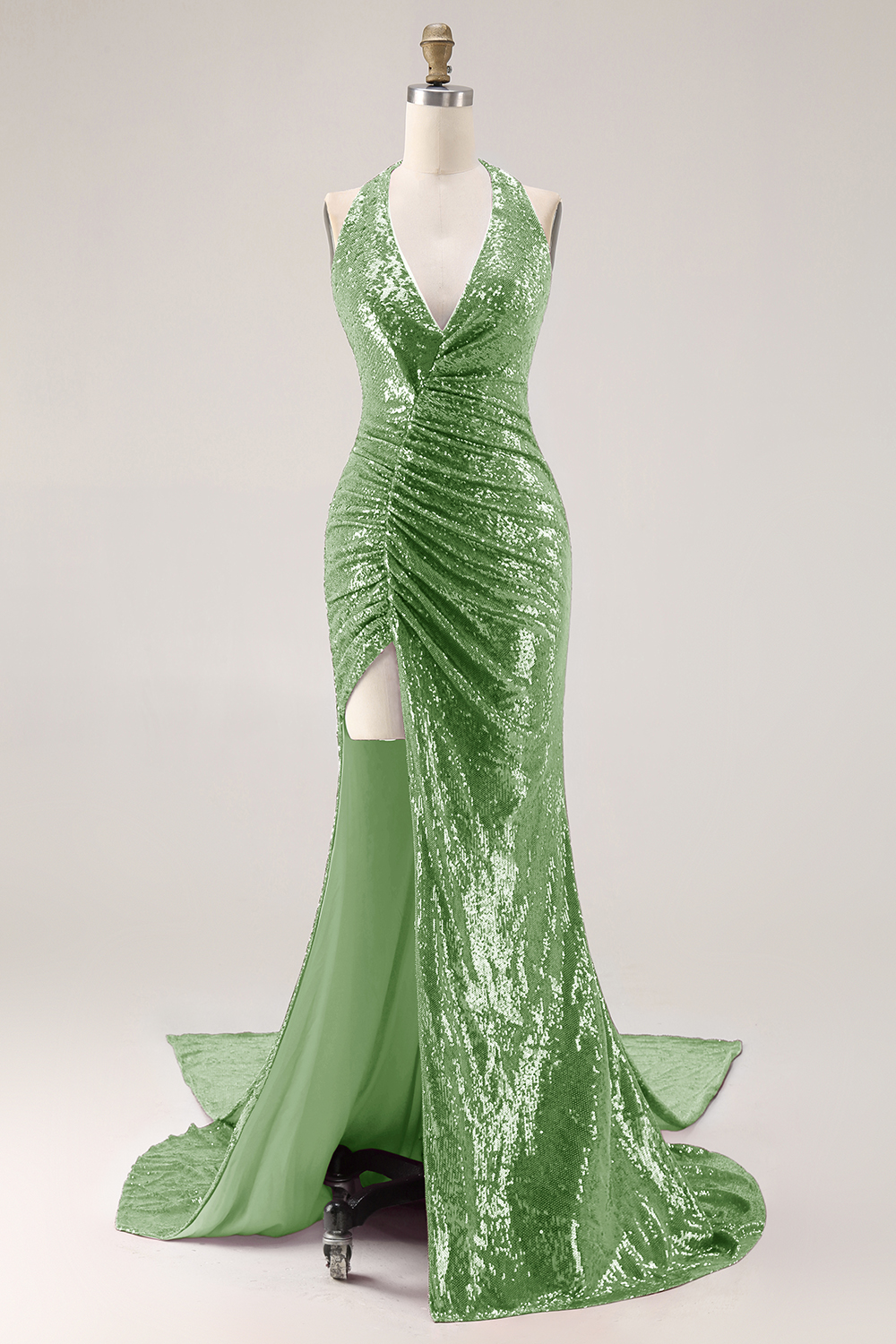 Sparkly Fuchsia Mermaid Sequin Side Cape Long Halter Prom Dress with Slit