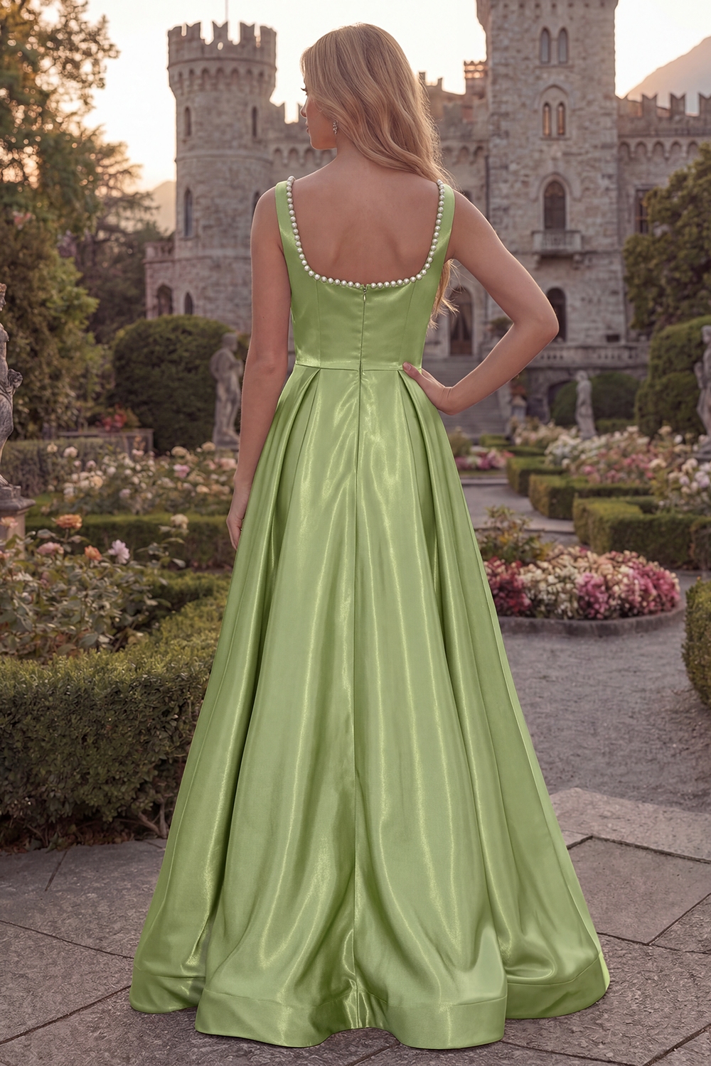 Simple Burgundy Square Neck A Line Long Prom Dress with Pearls