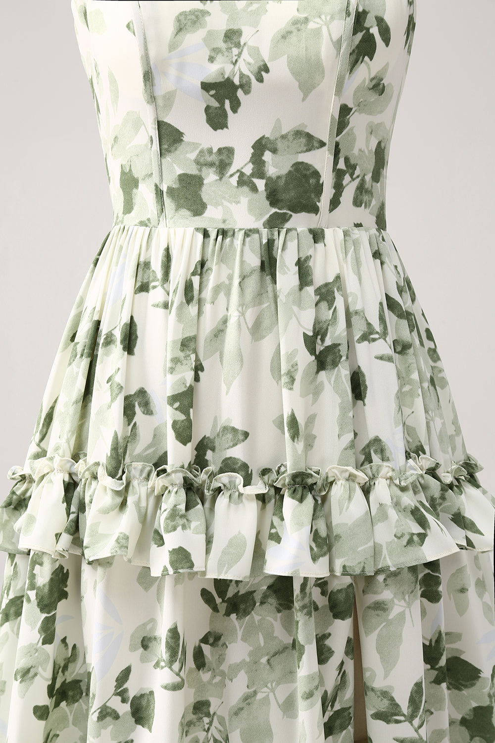 Green Spaghetti Straps Ruffles Floral A-Line Prom Dress with Slit