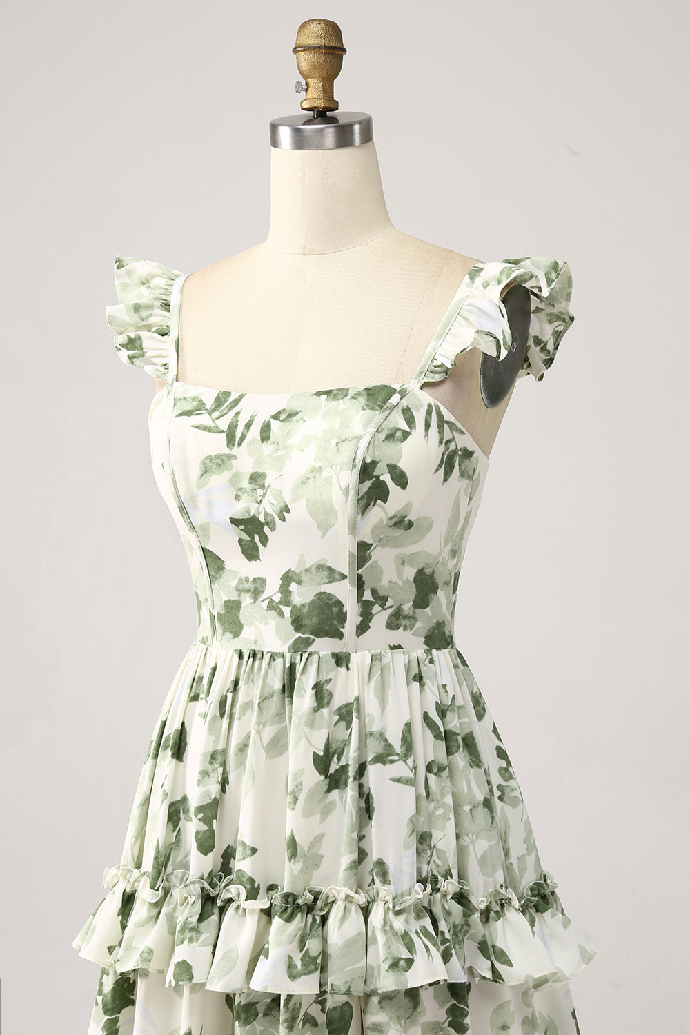 Green Spaghetti Straps Ruffles Floral A-Line Prom Dress with Slit