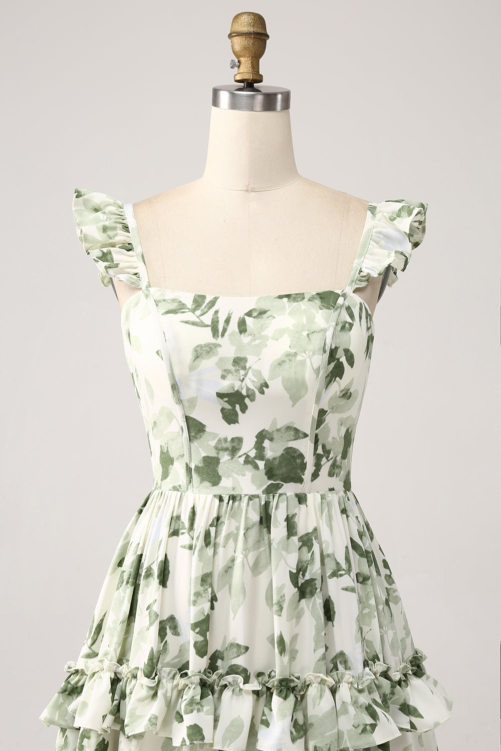 Green Spaghetti Straps Ruffles Floral A-Line Prom Dress with Slit