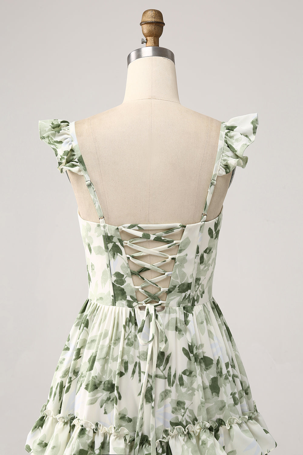 Green Spaghetti Straps Ruffles Floral A-Line Prom Dress with Slit