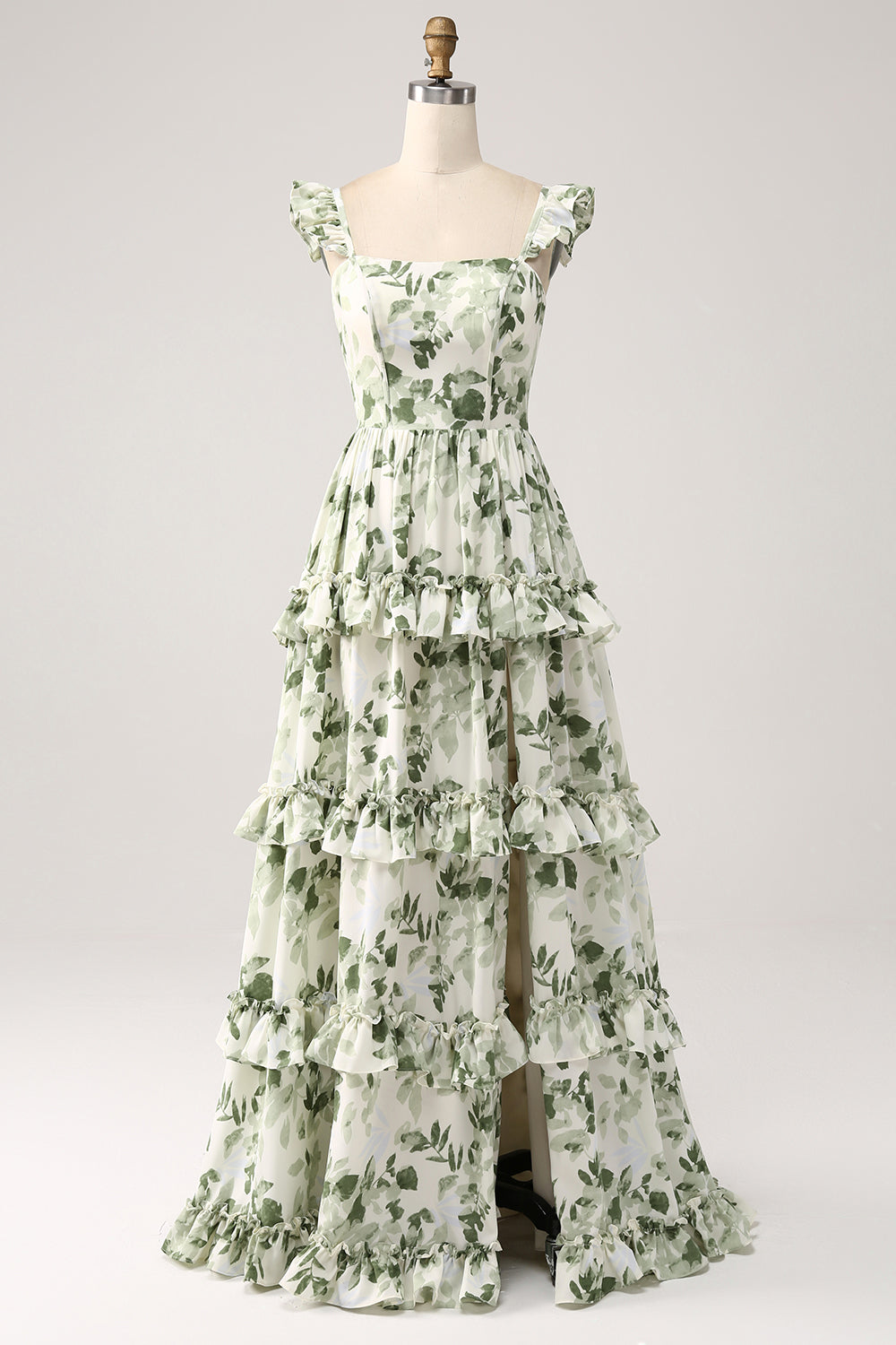 Green Spaghetti Straps Ruffles Floral A-Line Prom Dress with Slit