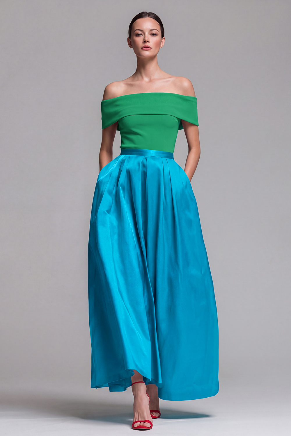 Fuchsia and Red A Line Off the Shoulder Long Patchwork Formal Dress