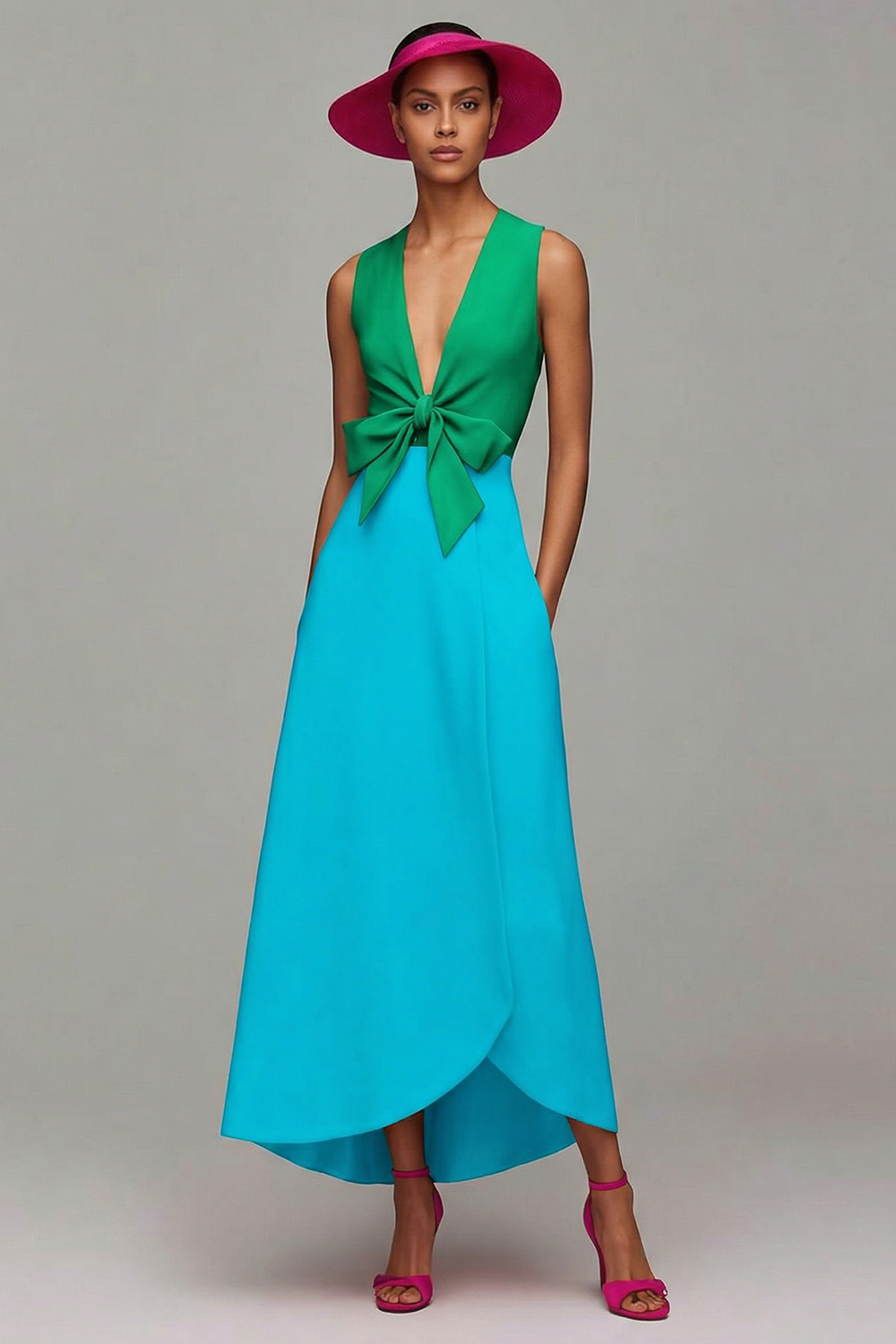 Orange and Fuchsia Deep V-Neck Long Pageant Dress with Bow