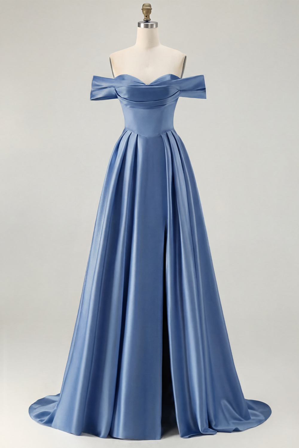 Blue A Line Off the Shoulder Long Satin Prom Dress with Slit
