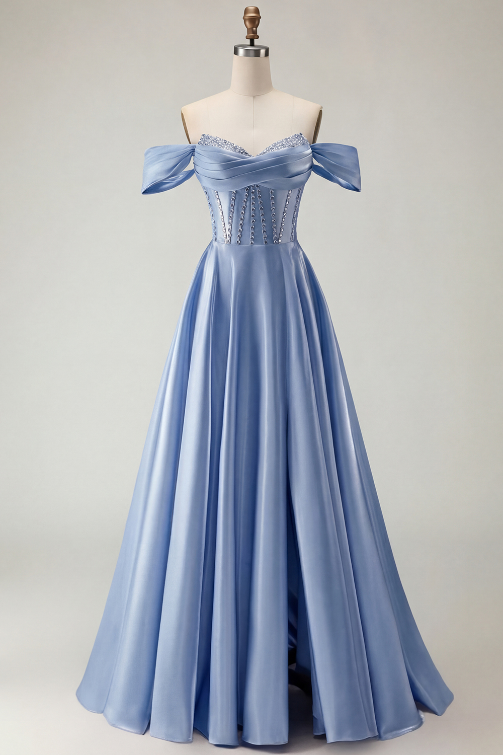 Sparkly Purple A-Line Satin Off the Shoulder Long Corset Prom Dress with Slit