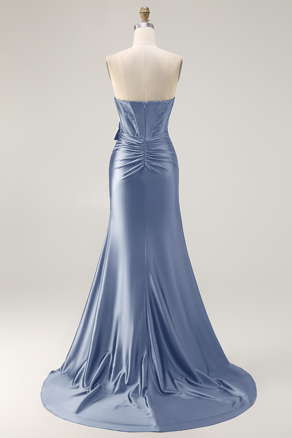 Navy Satin Strapless Mermaid Long Corset Prom Dress with Slit