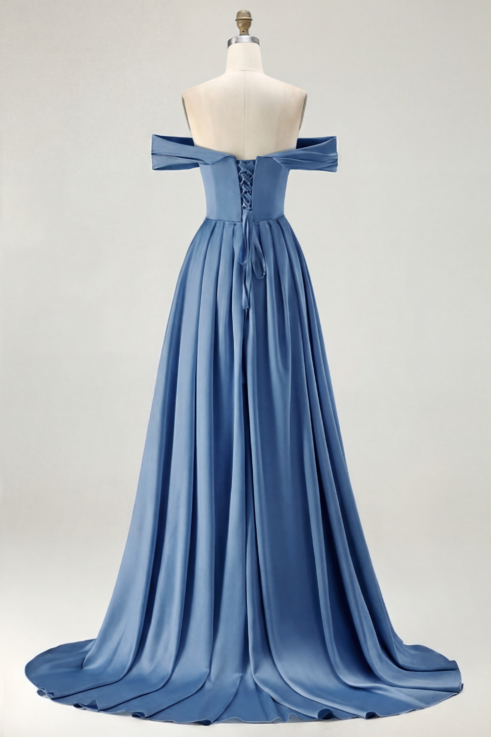 Blue A Line Off the Shoulder Long Satin Prom Dress with Slit
