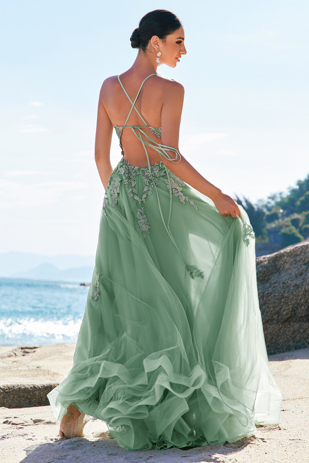 Grey Blue A Line Spaghetti Straps Long Tulle Prom Dress with Slit